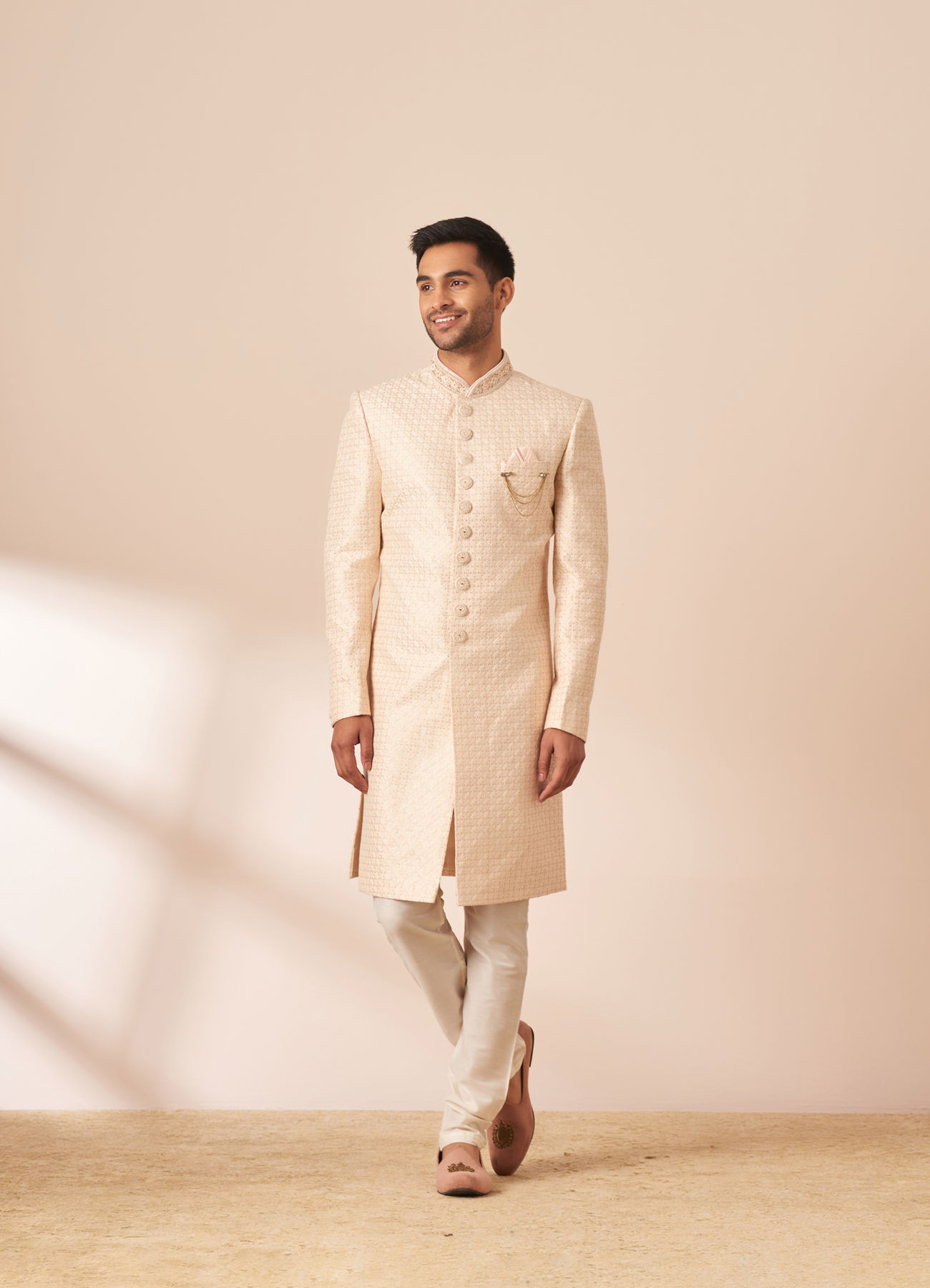 Manyavar Men Ivory Sequins Embroidered Sherwani with Dupatta