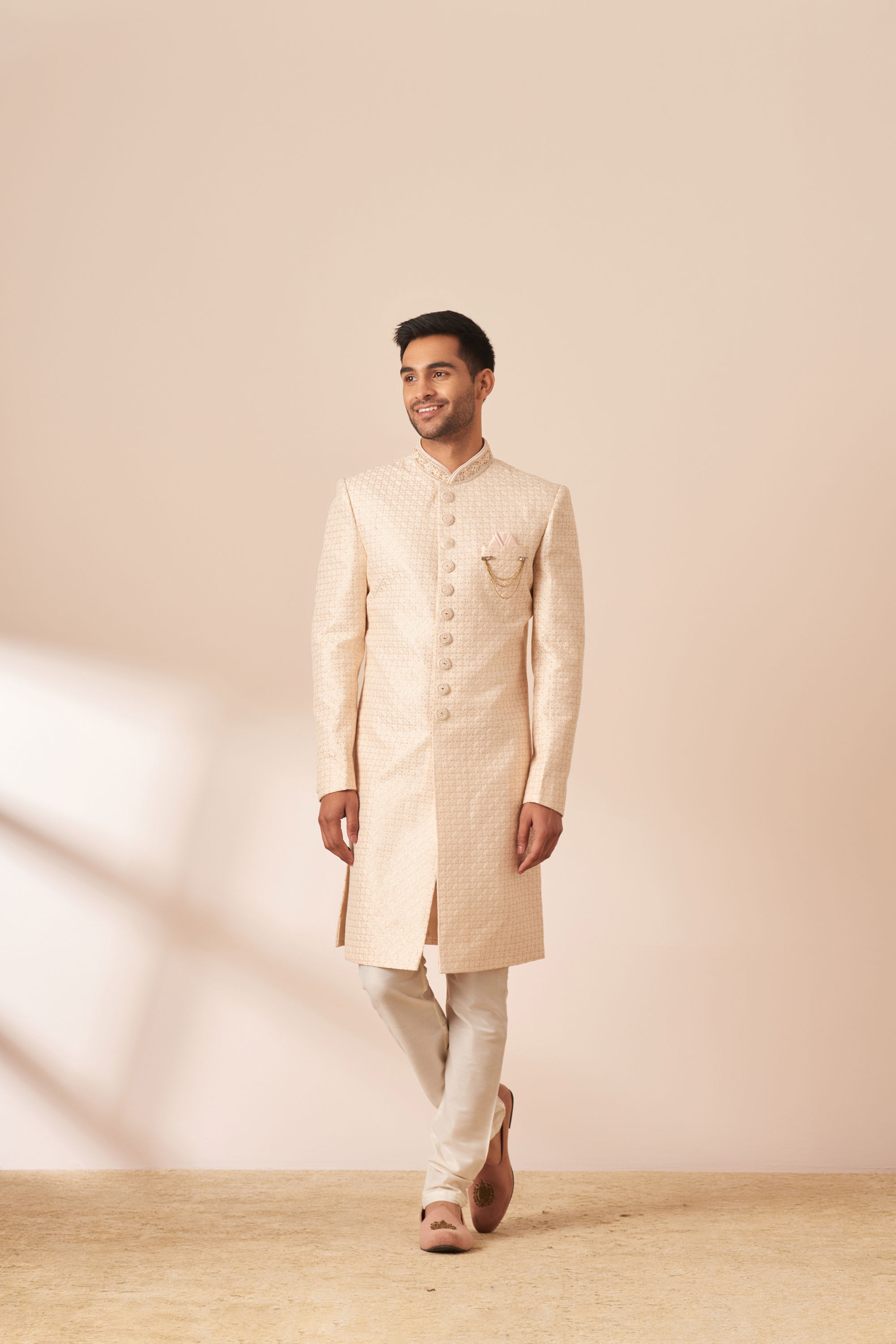 Manyavar Men Ivory Sequins Embroidered Sherwani with Dupatta