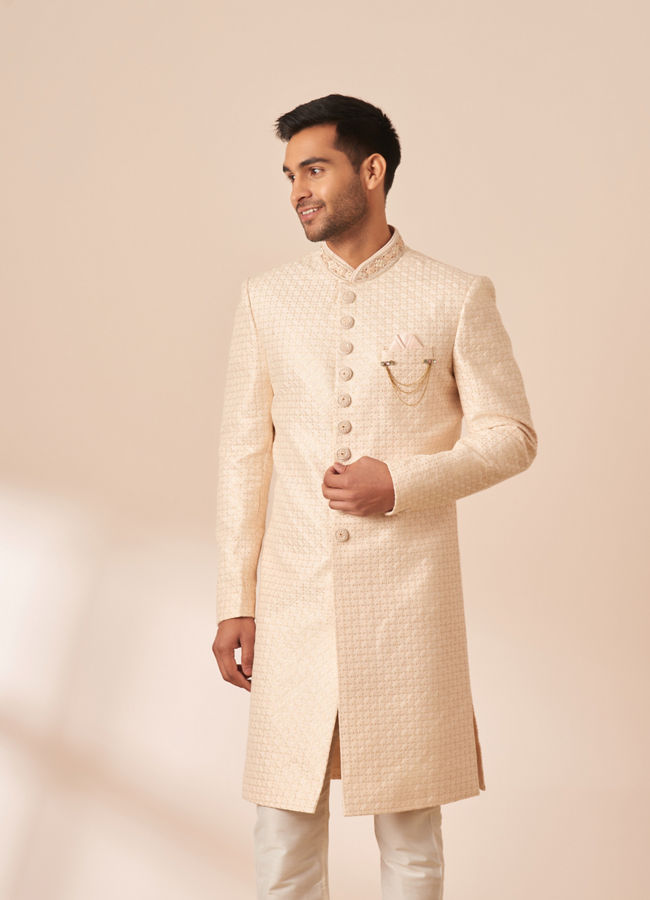 alt message - Manyavar Men Ivory Sequins Embroidered Sherwani with Dupatta image number 0