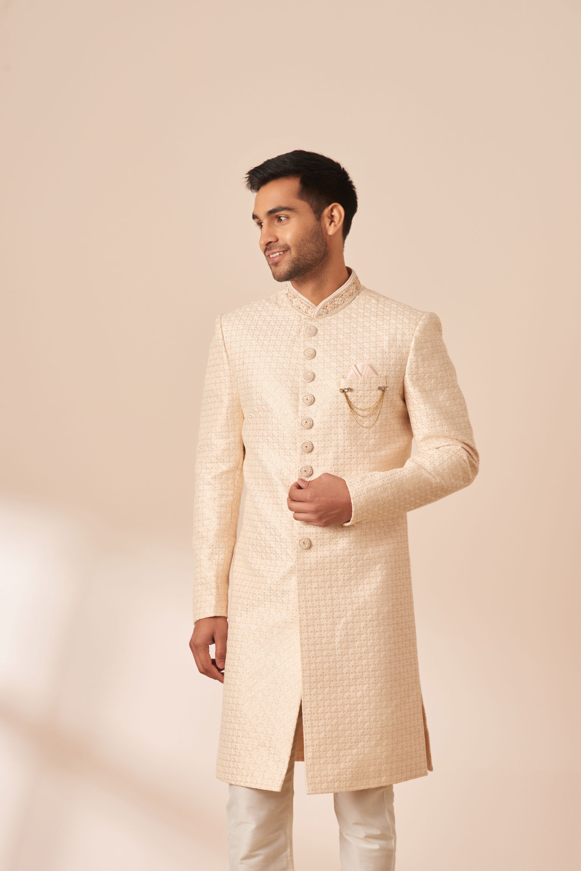 Manyavar Men Ivory Sequins Embroidered Sherwani with Dupatta