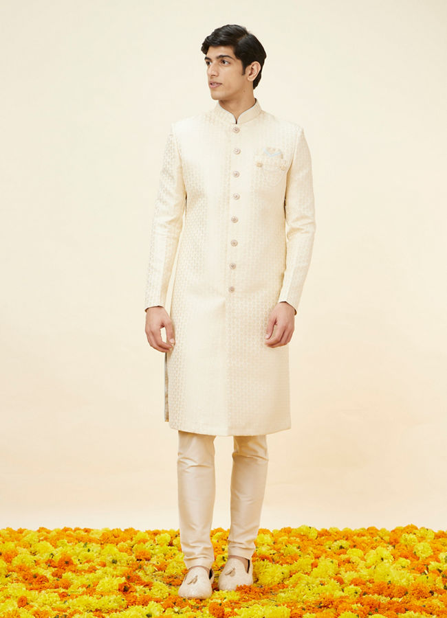 alt message - Manyavar Men Golden Cream Buta Patterned Achkan Style Sherwani Set image number 2