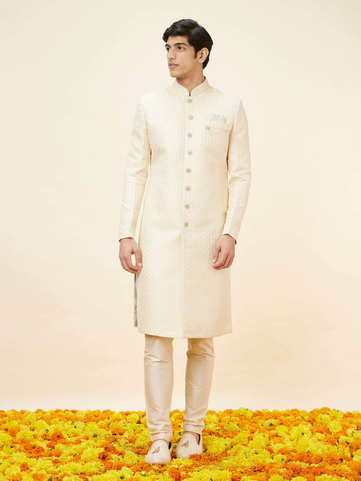 Manyavar Men Golden Cream Buta Patterned Achkan Style Sherwani Set