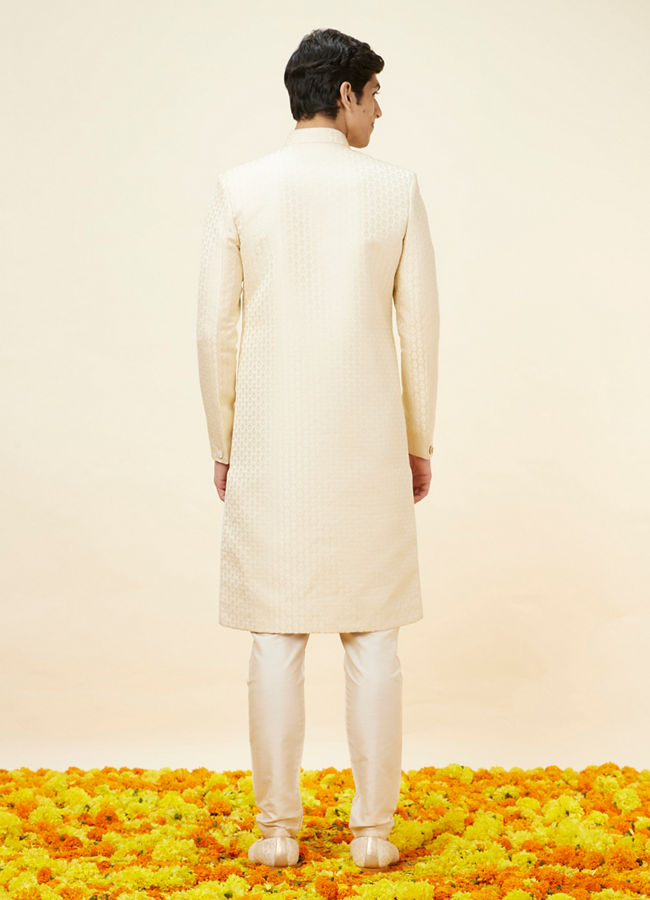 alt message - Manyavar Men Golden Cream Buta Patterned Achkan Style Sherwani Set image number 5