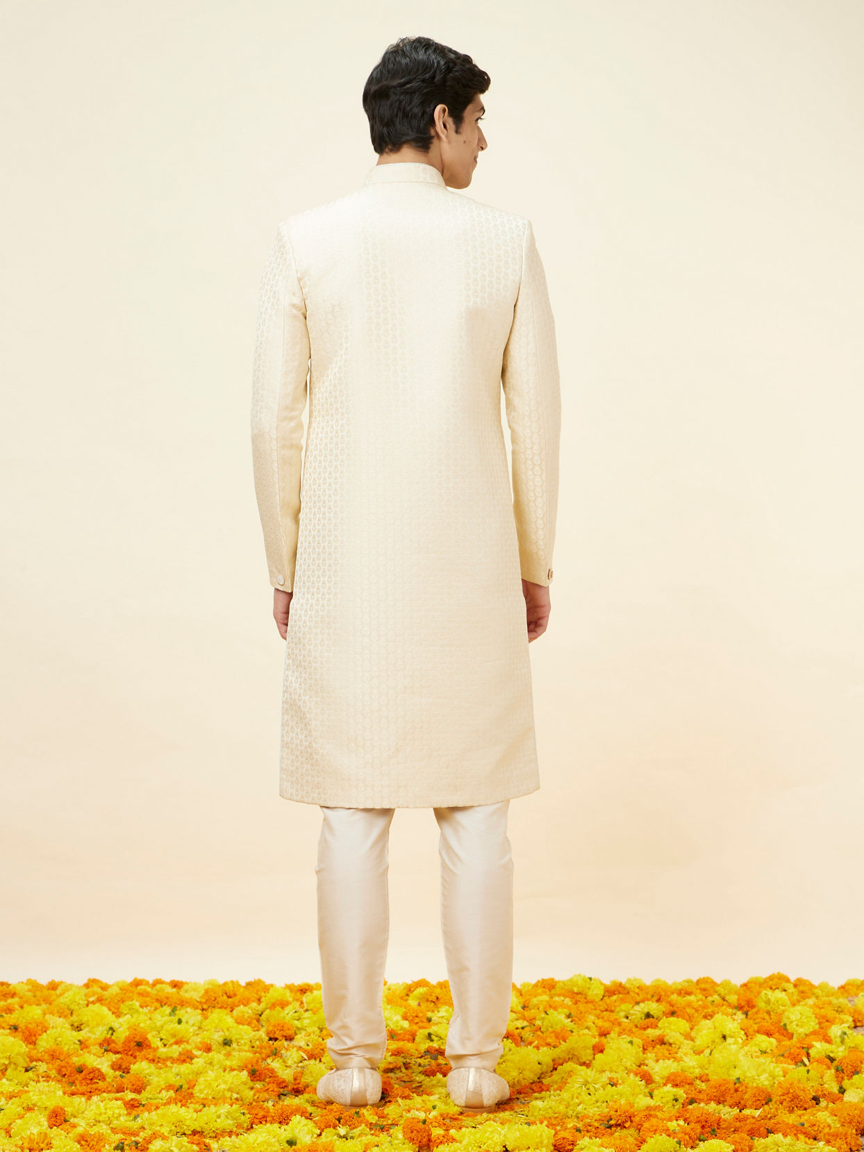 alt message - Manyavar Men Golden Cream Buta Patterned Achkan Style Sherwani Set image number 5