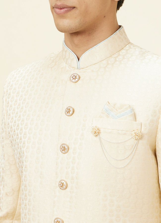 alt message - Manyavar Men Golden Cream Buta Patterned Achkan Style Sherwani Set image number 1