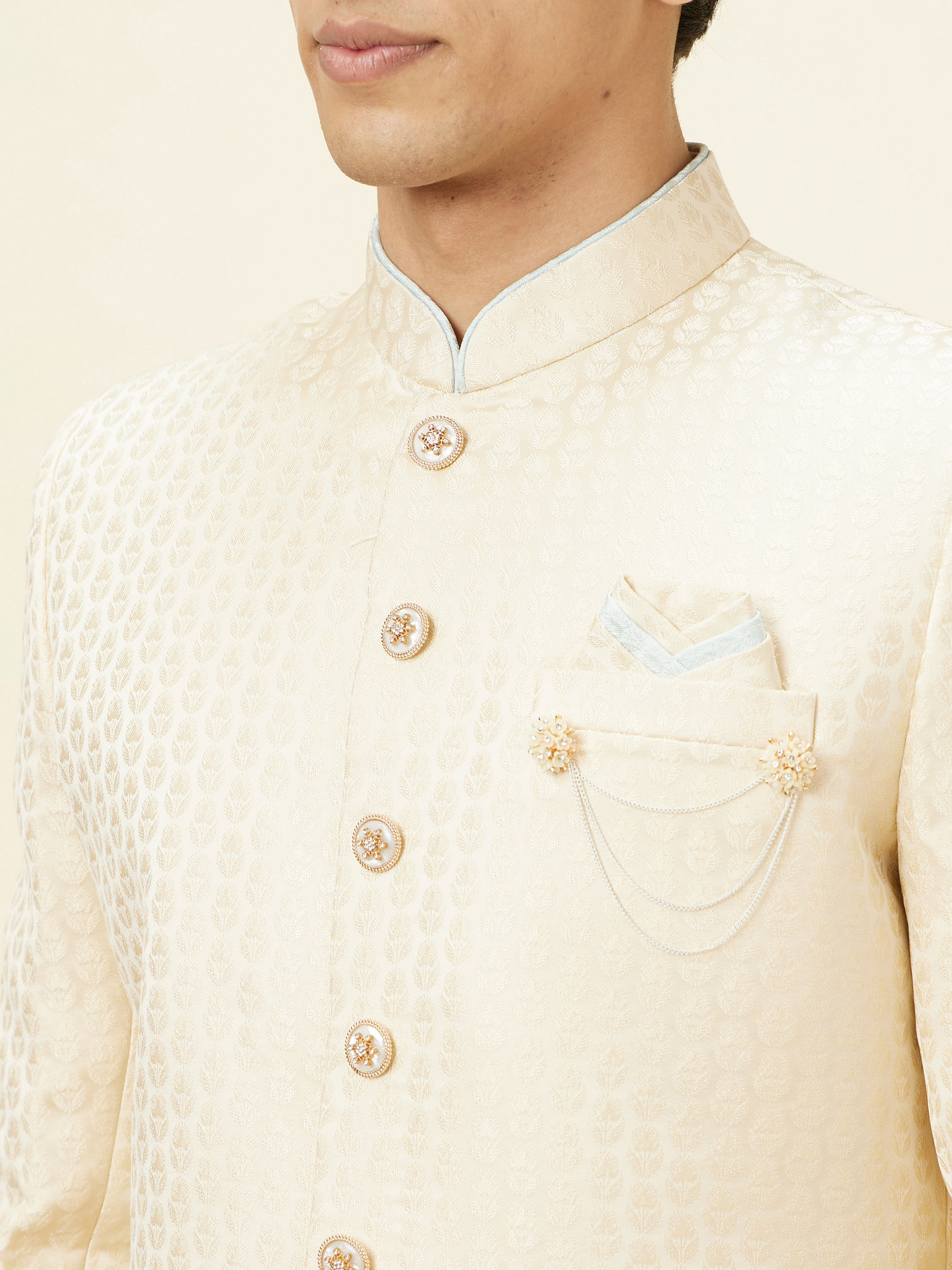 Manyavar Men Golden Cream Buta Patterned Achkan Style Sherwani Set