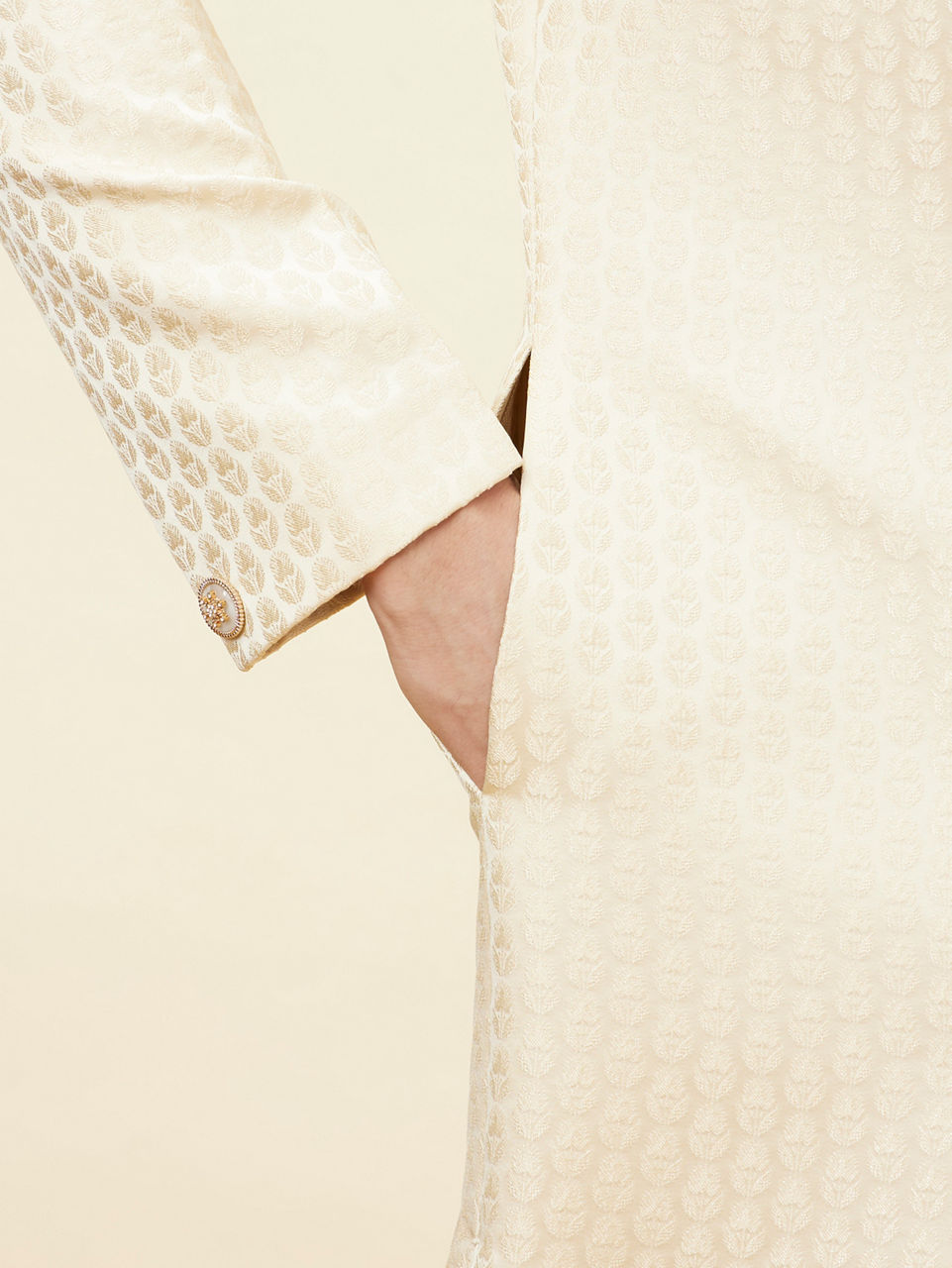 Manyavar Men Golden Cream Buta Patterned Achkan Style Sherwani Set