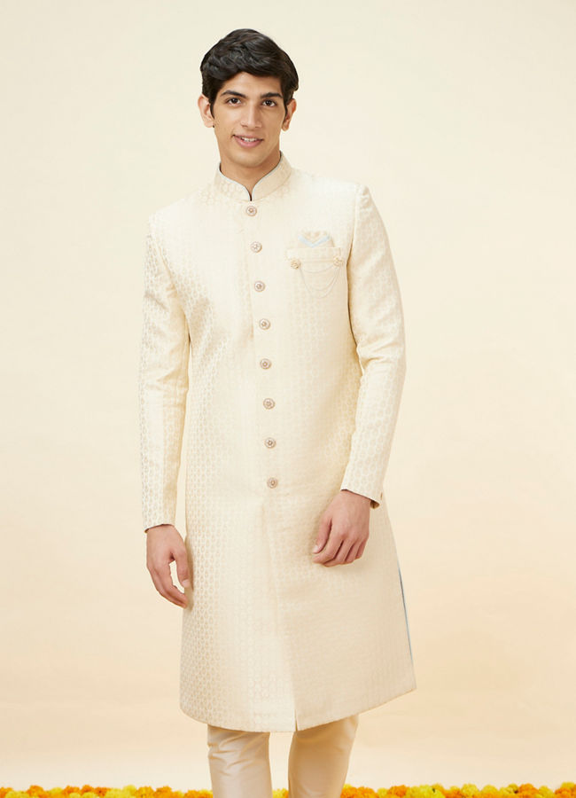 alt message - Manyavar Men Golden Cream Buta Patterned Achkan Style Sherwani Set image number 0