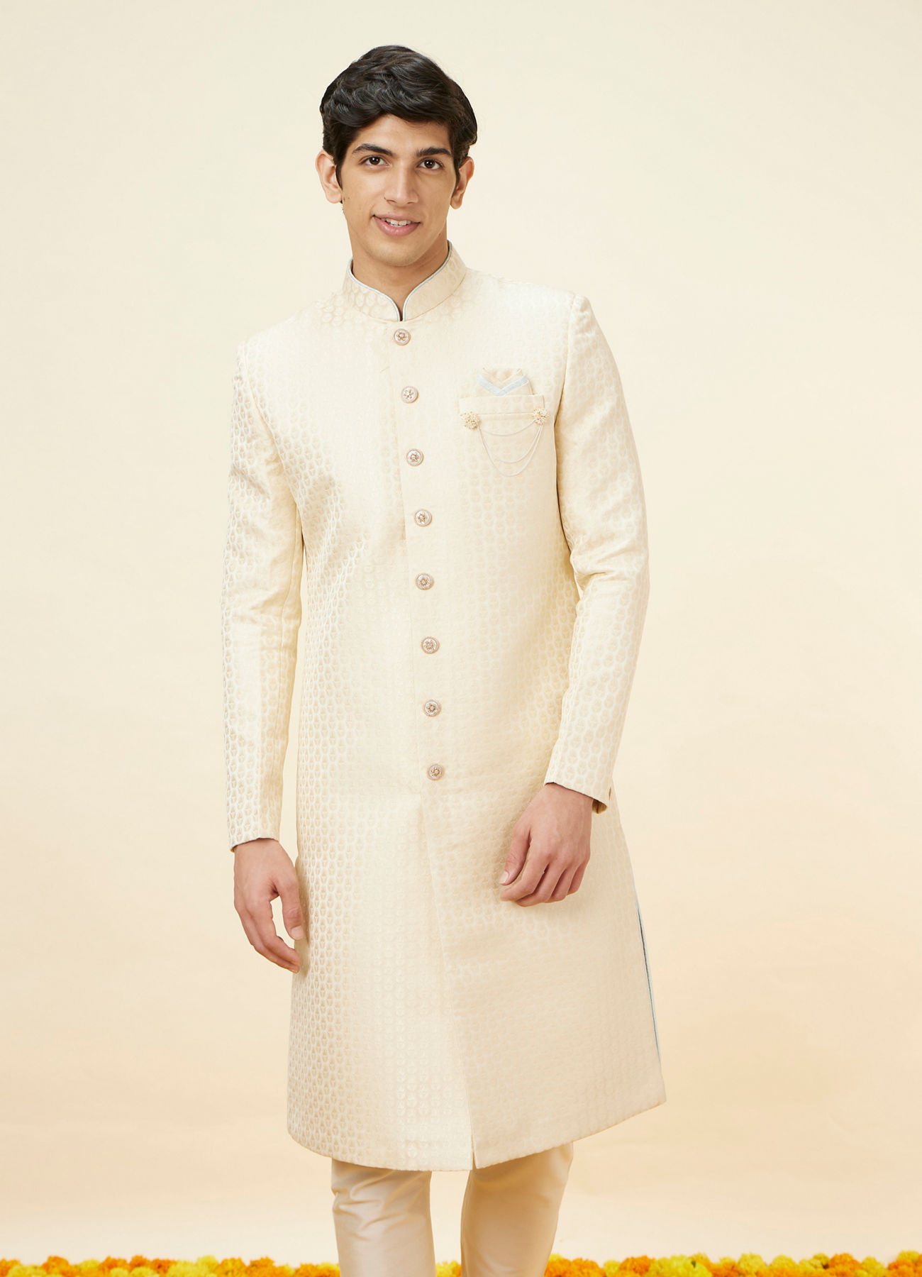 Manyavar Men Golden Cream Buta Patterned Achkan Style Sherwani Set