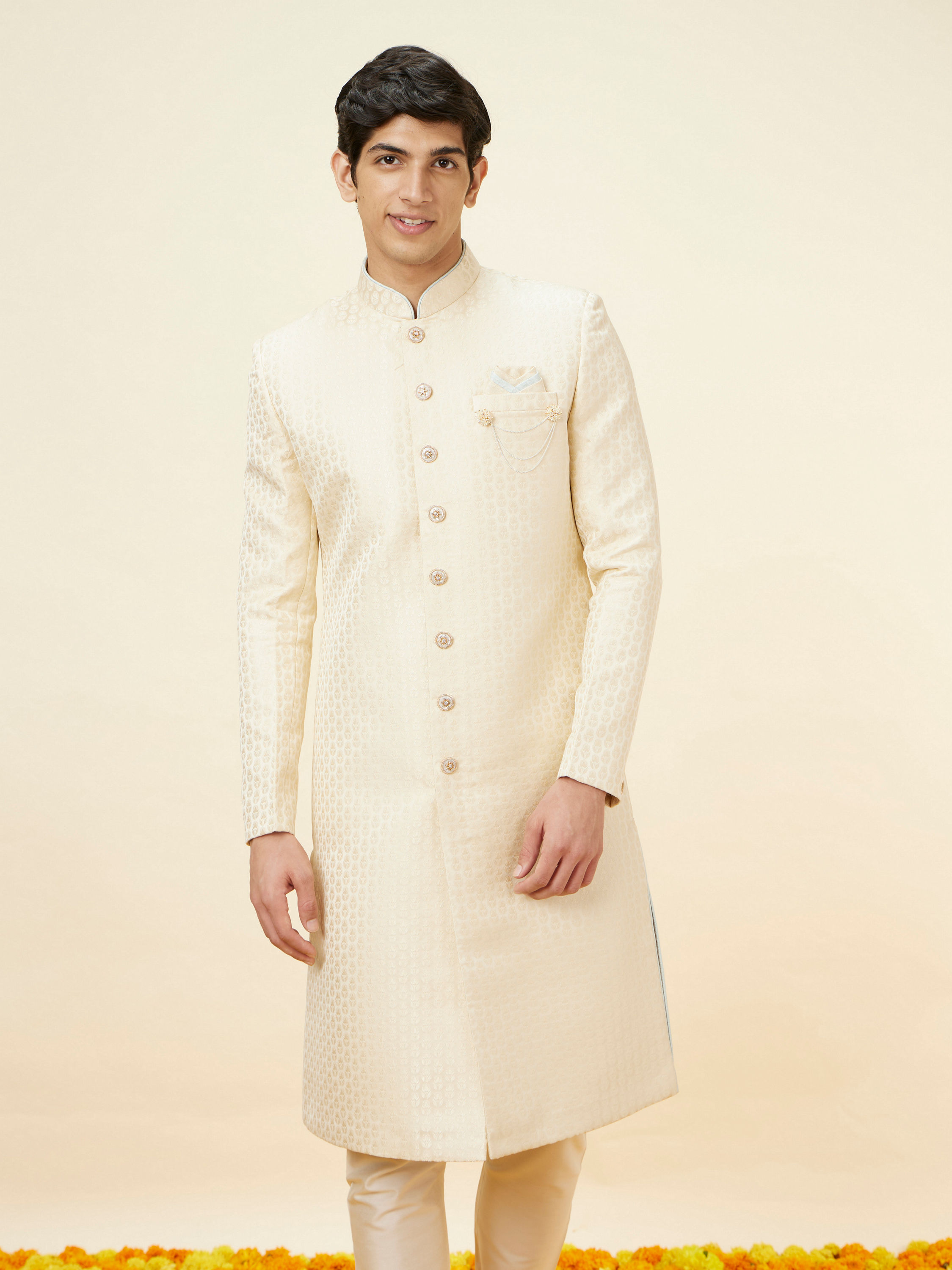 Manyavar Men Golden Cream Buta Patterned Achkan Style Sherwani Set