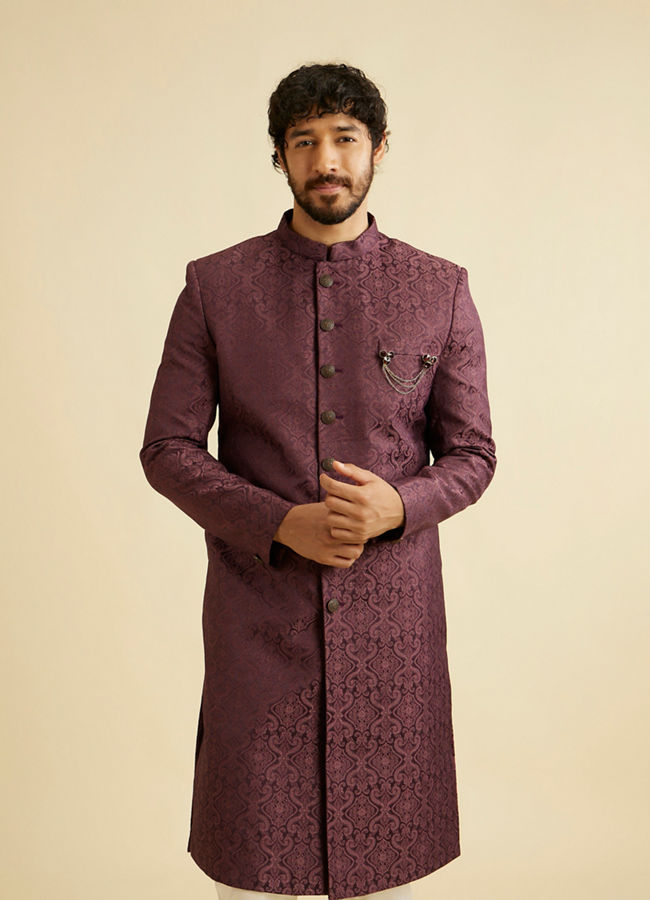 alt message - Manyavar Men Wine Brocade Majestic Sherwani image number 0