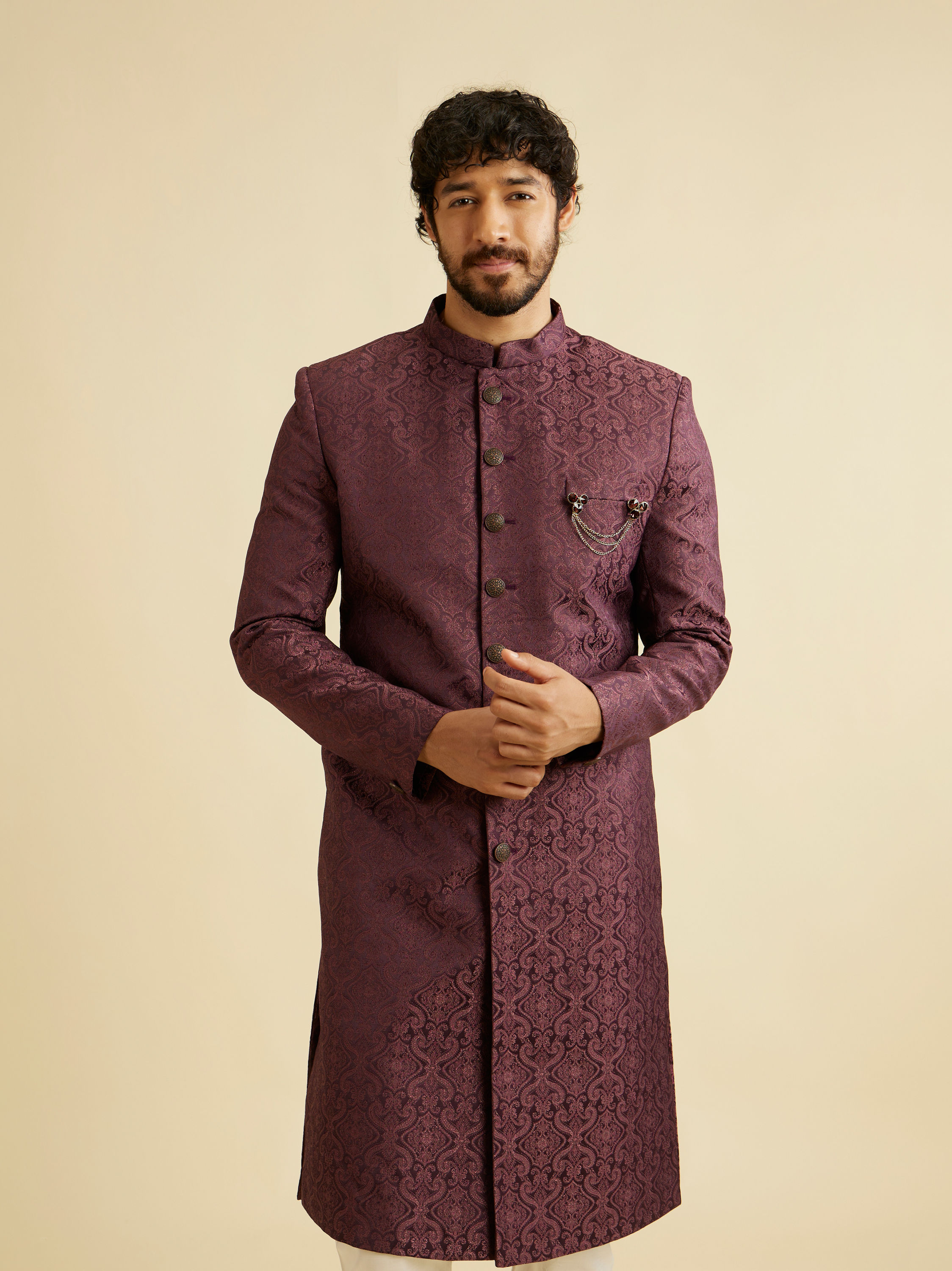 Manyavar Men Wine Red Medallion Patterned Sherwani Set