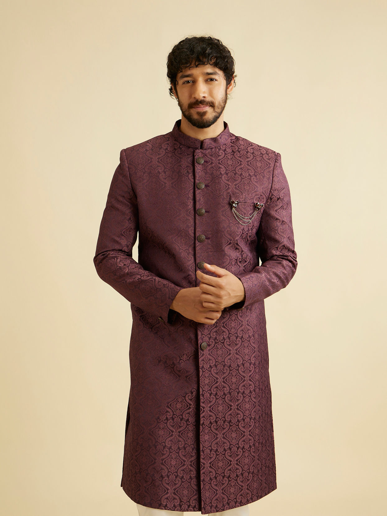 alt message - Manyavar Men Wine Brocade Majestic Sherwani image number 0