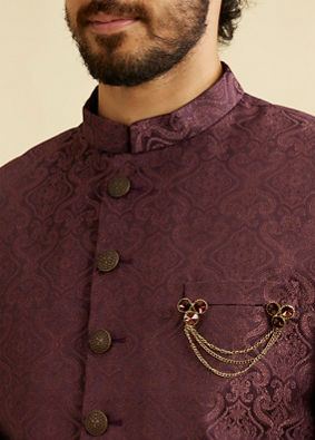 Manyavar Men Wine Red Medallion Patterned Sherwani Set