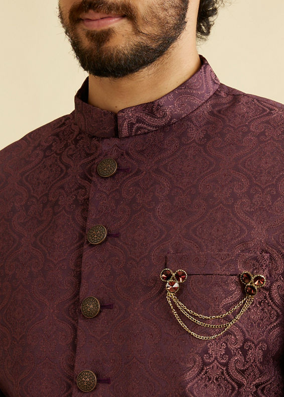 Manyavar Men Wine Red Medallion Patterned Sherwani Set