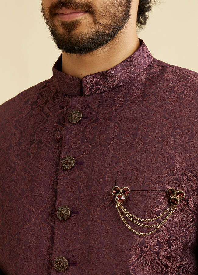 alt message - Manyavar Men Wine Brocade Majestic Sherwani image number 1