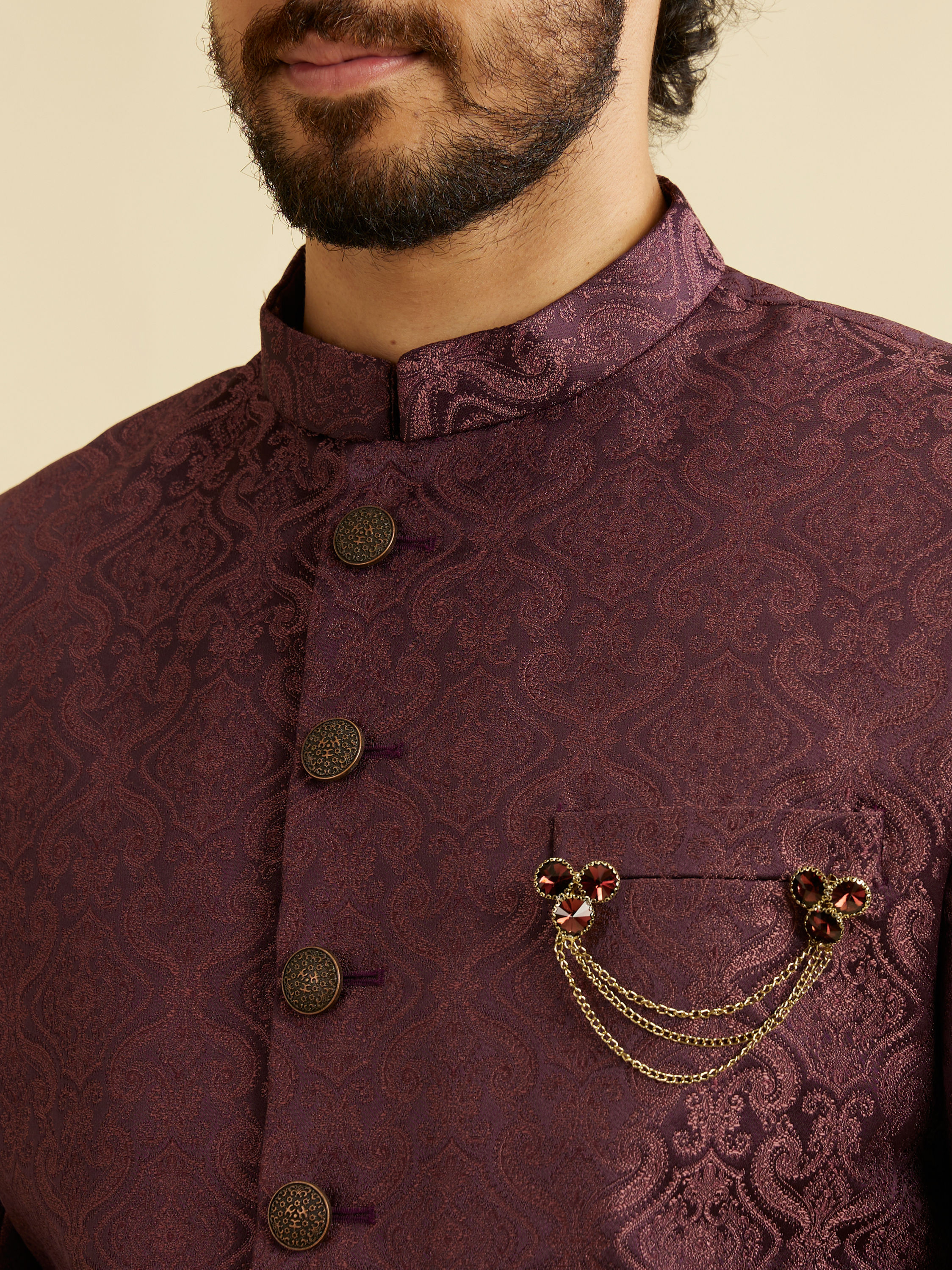 Manyavar Men Wine Red Medallion Patterned Sherwani Set