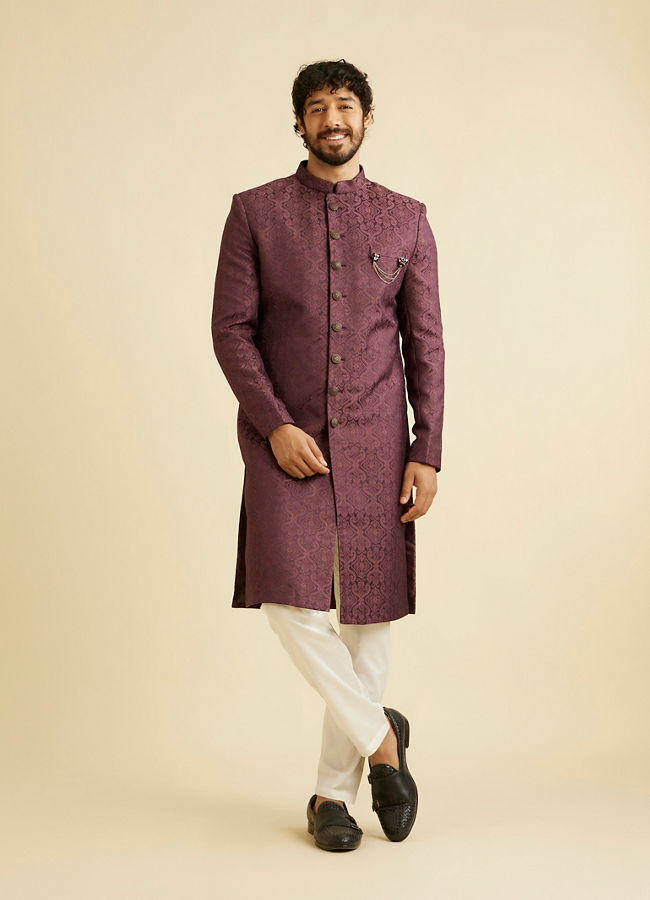 Manyavar Men Wine Red Medallion Patterned Sherwani Set