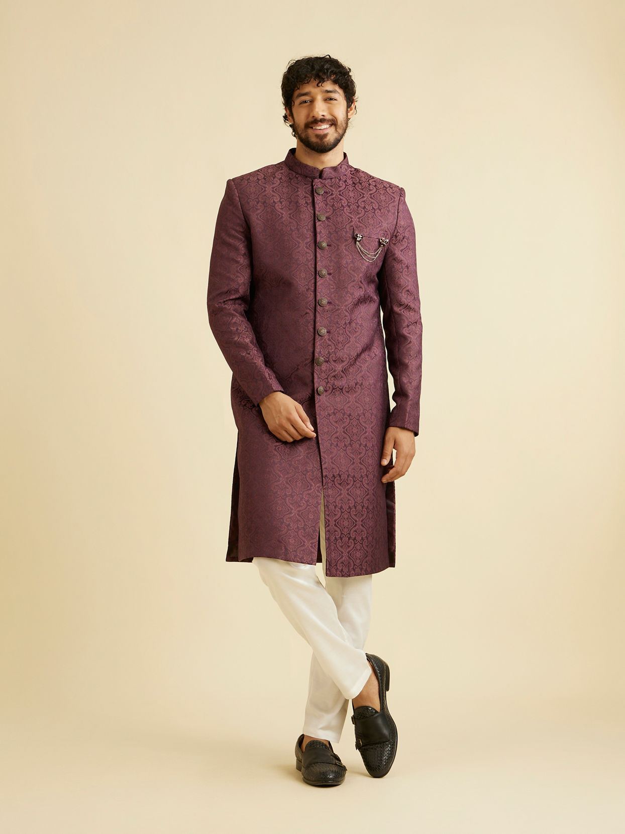 Manyavar Men Wine Red Medallion Patterned Sherwani Set