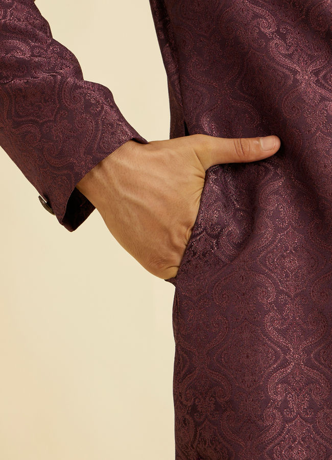 Manyavar Men Wine Red Medallion Patterned Sherwani Set