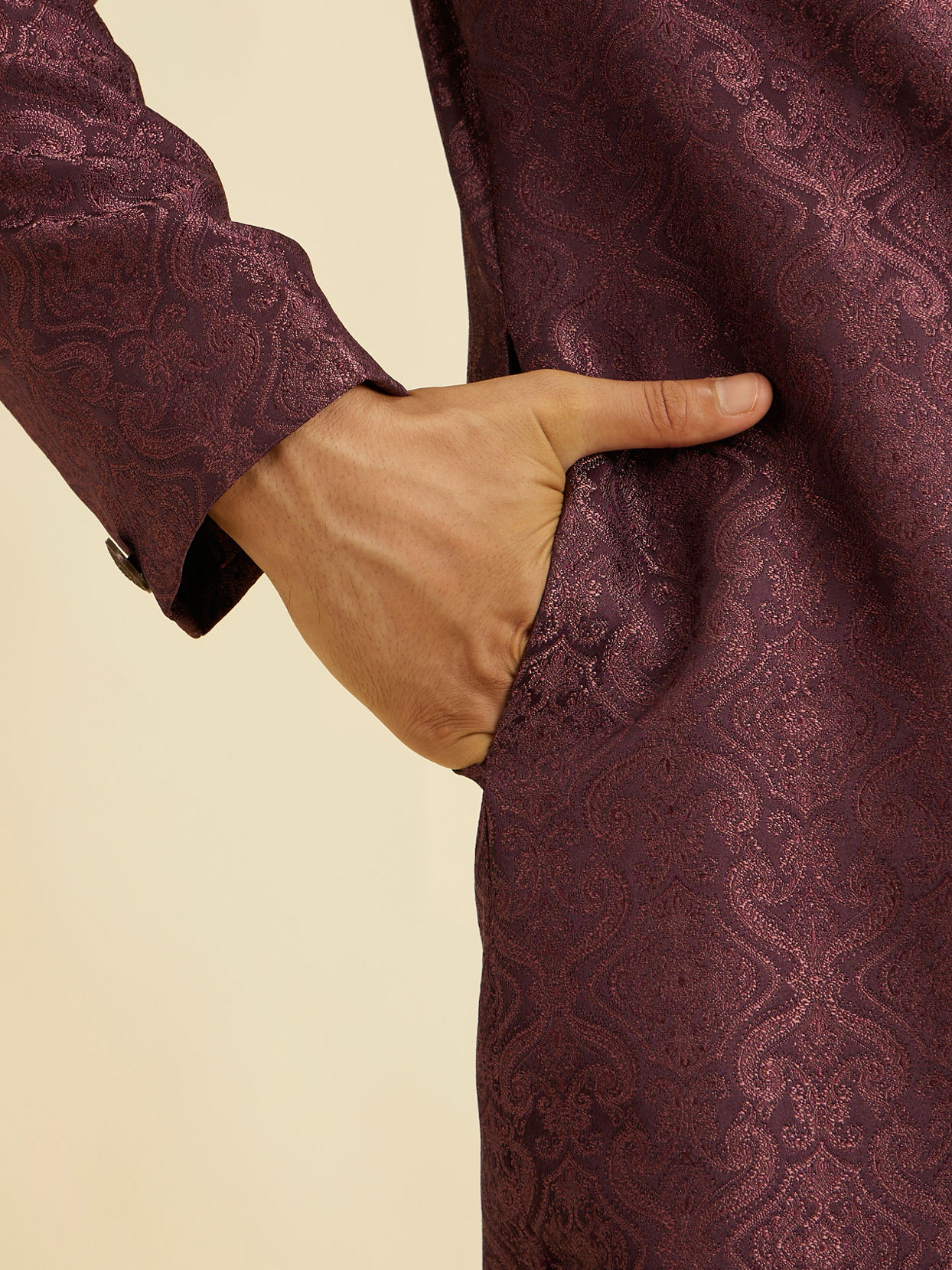 Manyavar Men Wine Red Medallion Patterned Sherwani Set