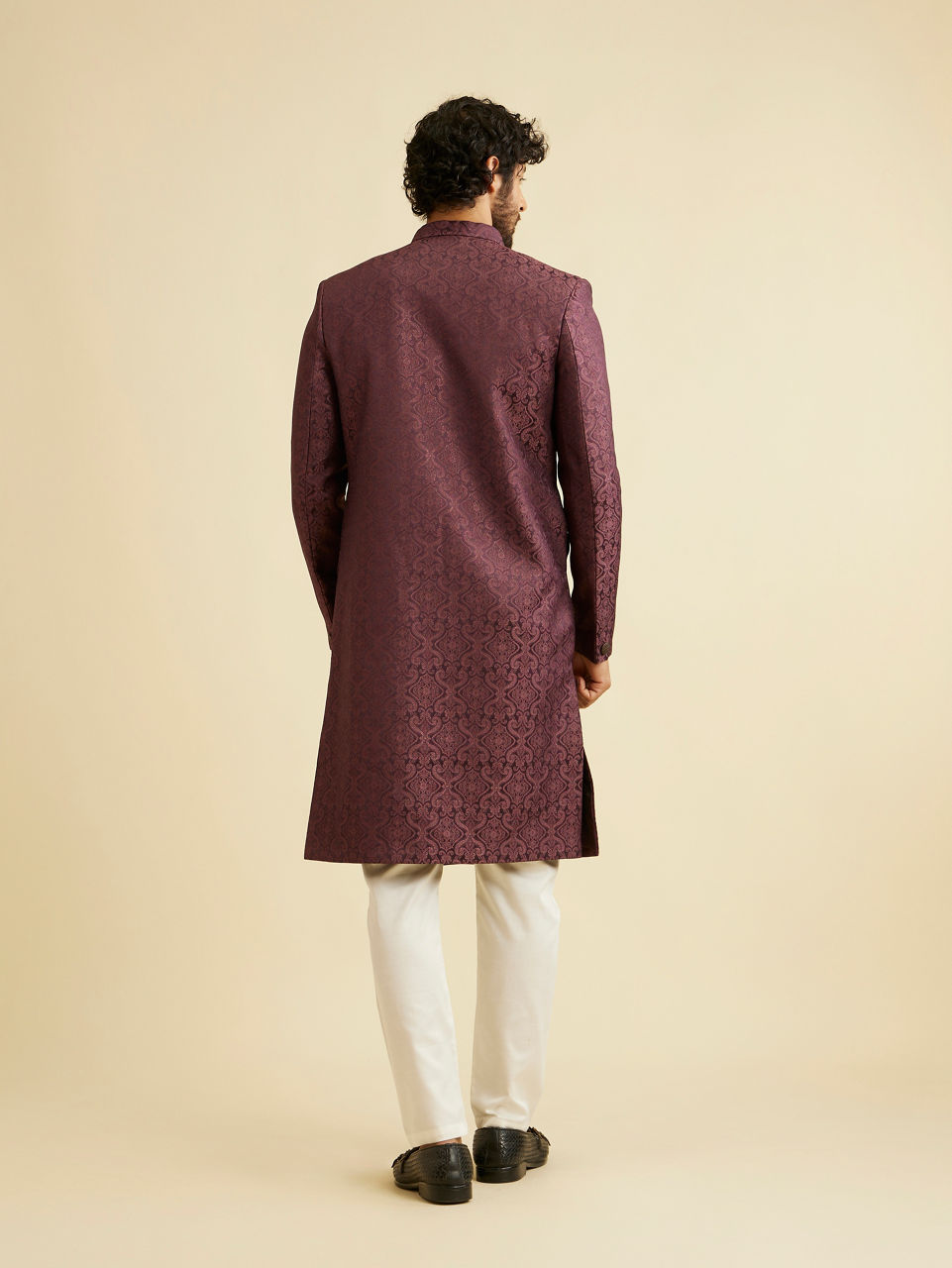 Manyavar Men Wine Red Medallion Patterned Sherwani Set