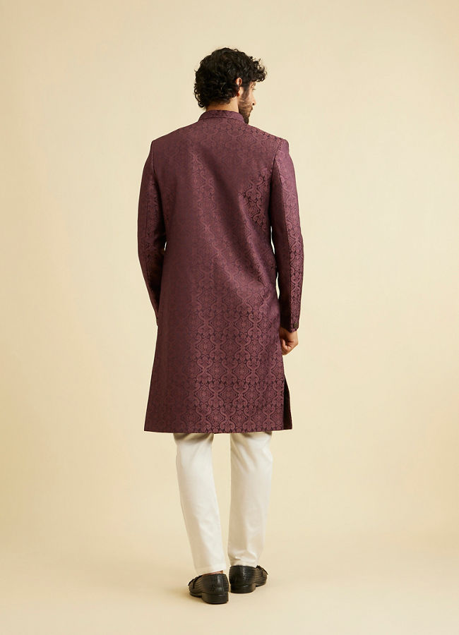 Manyavar Men Wine Red Medallion Patterned Sherwani Set