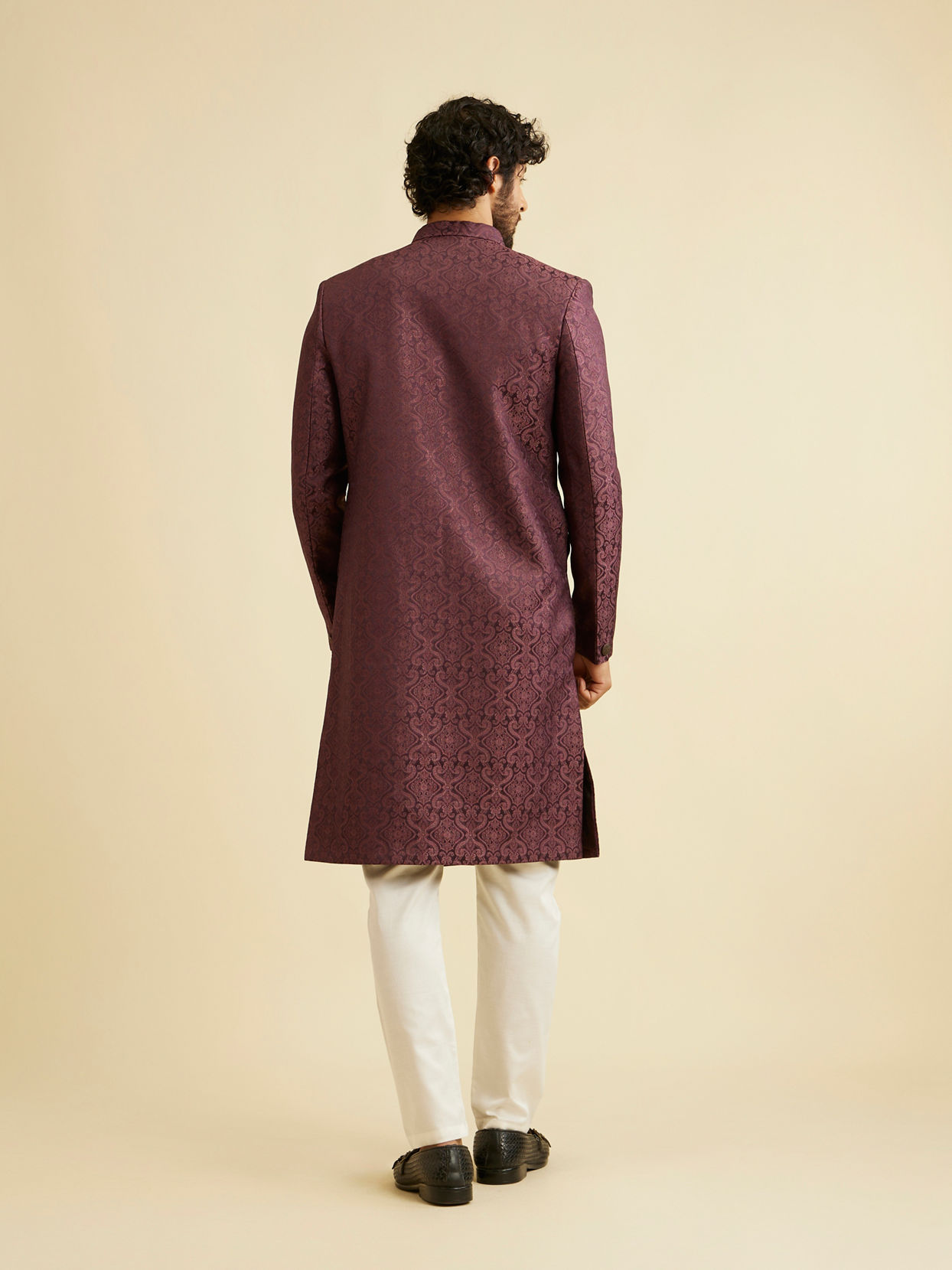 Manyavar Men Wine Red Medallion Patterned Sherwani Set