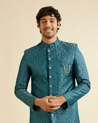 Manyavar Men Teal Blue Medallion Patterned Sherwani Set