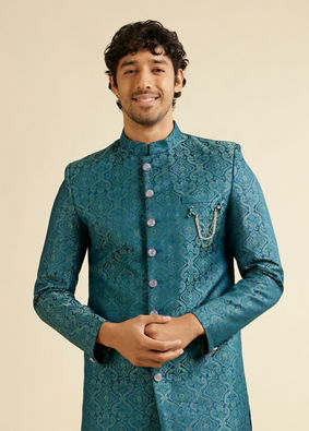 Manyavar Men Teal Blue Medallion Patterned Sherwani Set