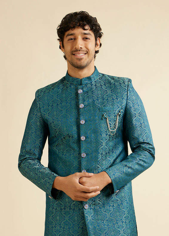 Manyavar Men Teal Blue Medallion Patterned Sherwani Set