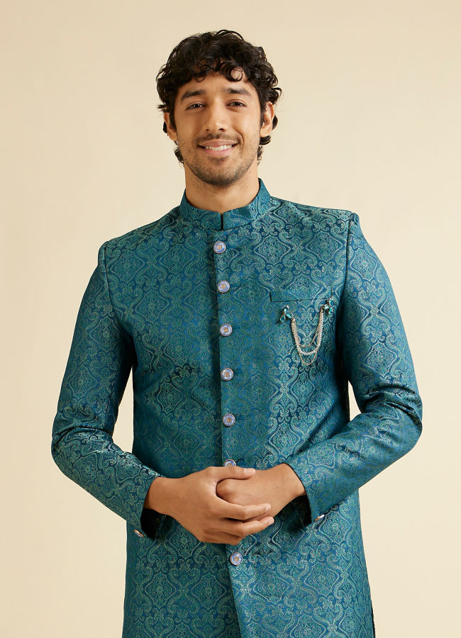 Manyavar Men Teal Blue Medallion Patterned Sherwani Set