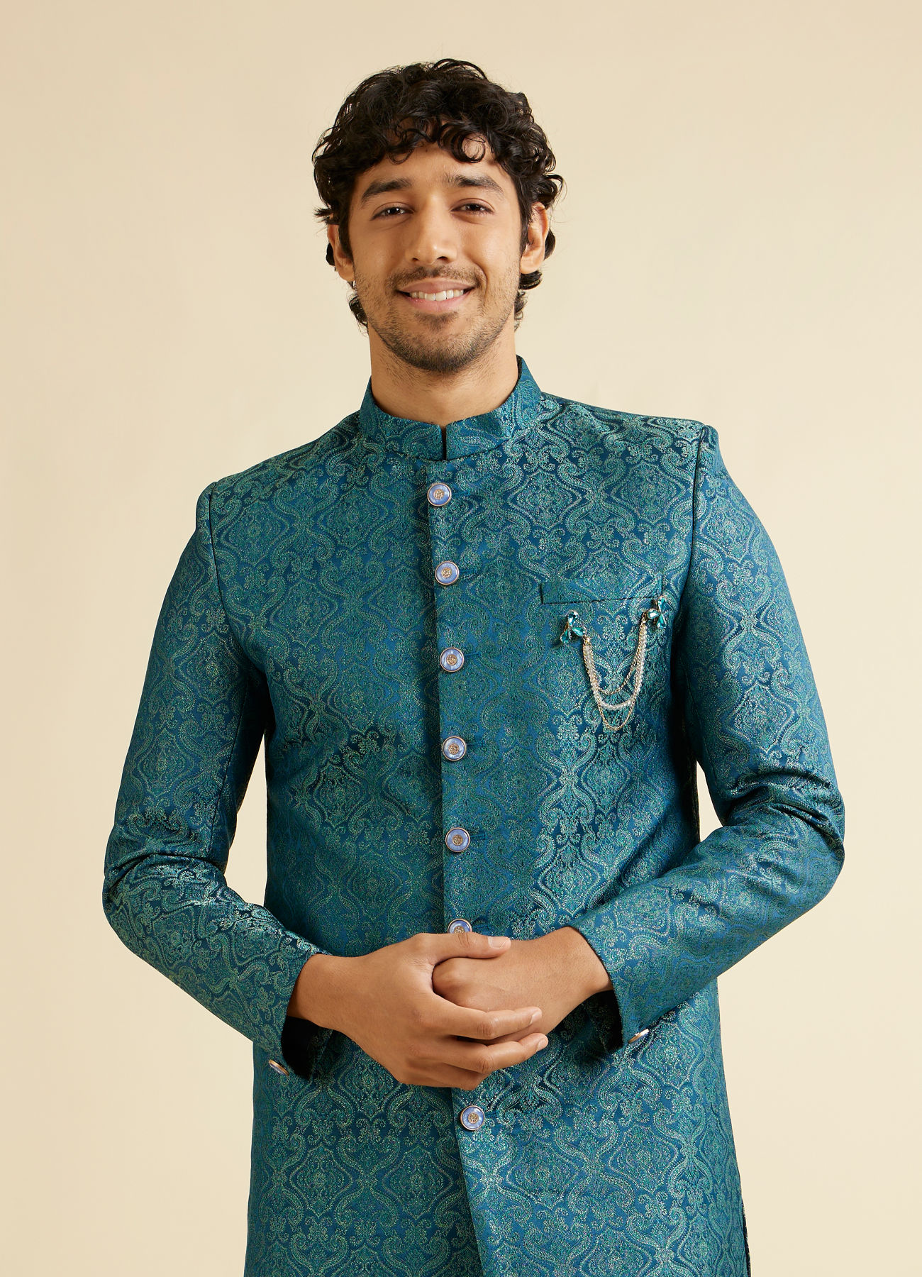 Manyavar Men Teal Blue Medallion Patterned Sherwani Set