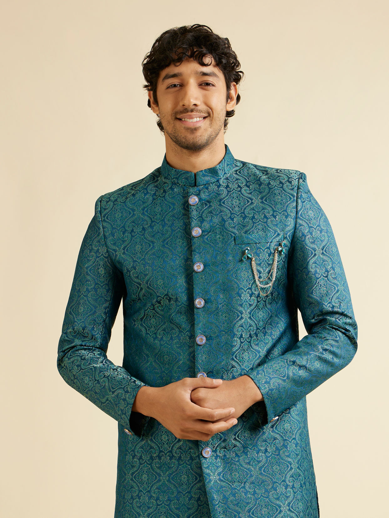 alt message - Manyavar Men Teal Blue Medallion Patterned Sherwani Set image number 0