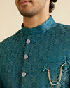 alt message - Manyavar Men Teal Blue Medallion Patterned Sherwani Set image number 1