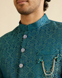 Manyavar Men Teal Blue Medallion Patterned Sherwani Set