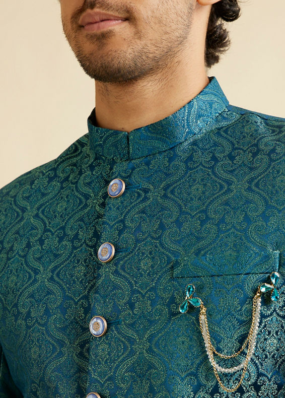 Manyavar Men Teal Blue Medallion Patterned Sherwani Set