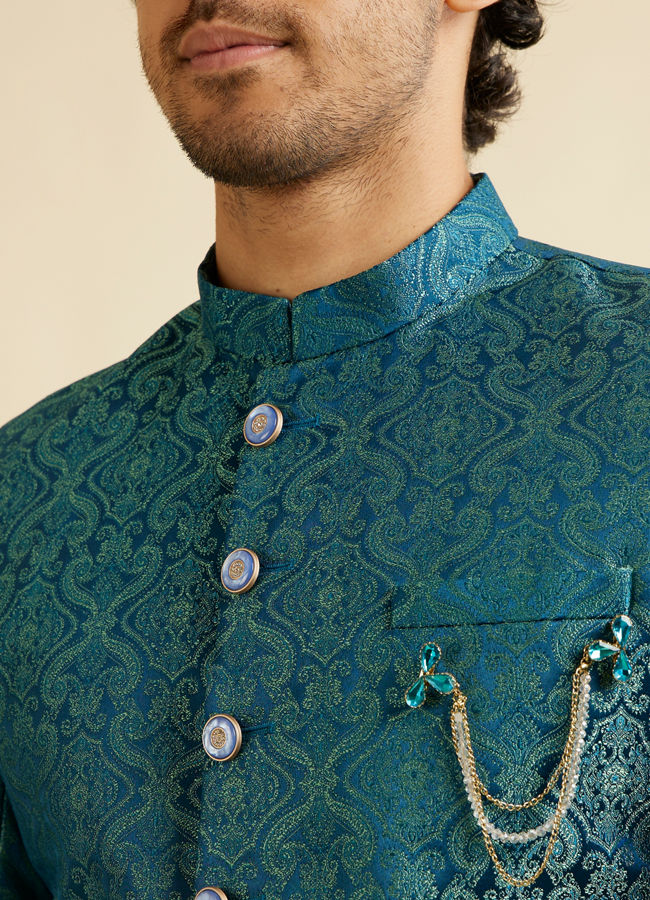 alt message - Manyavar Men Teal Blue Medallion Patterned Sherwani Set image number 1