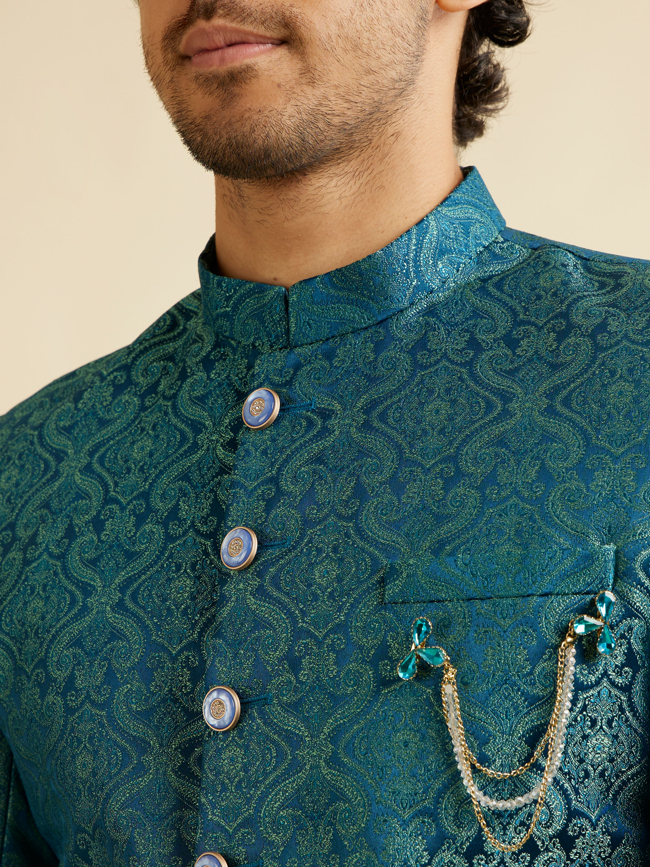 Manyavar Men Teal Blue Medallion Patterned Sherwani Set