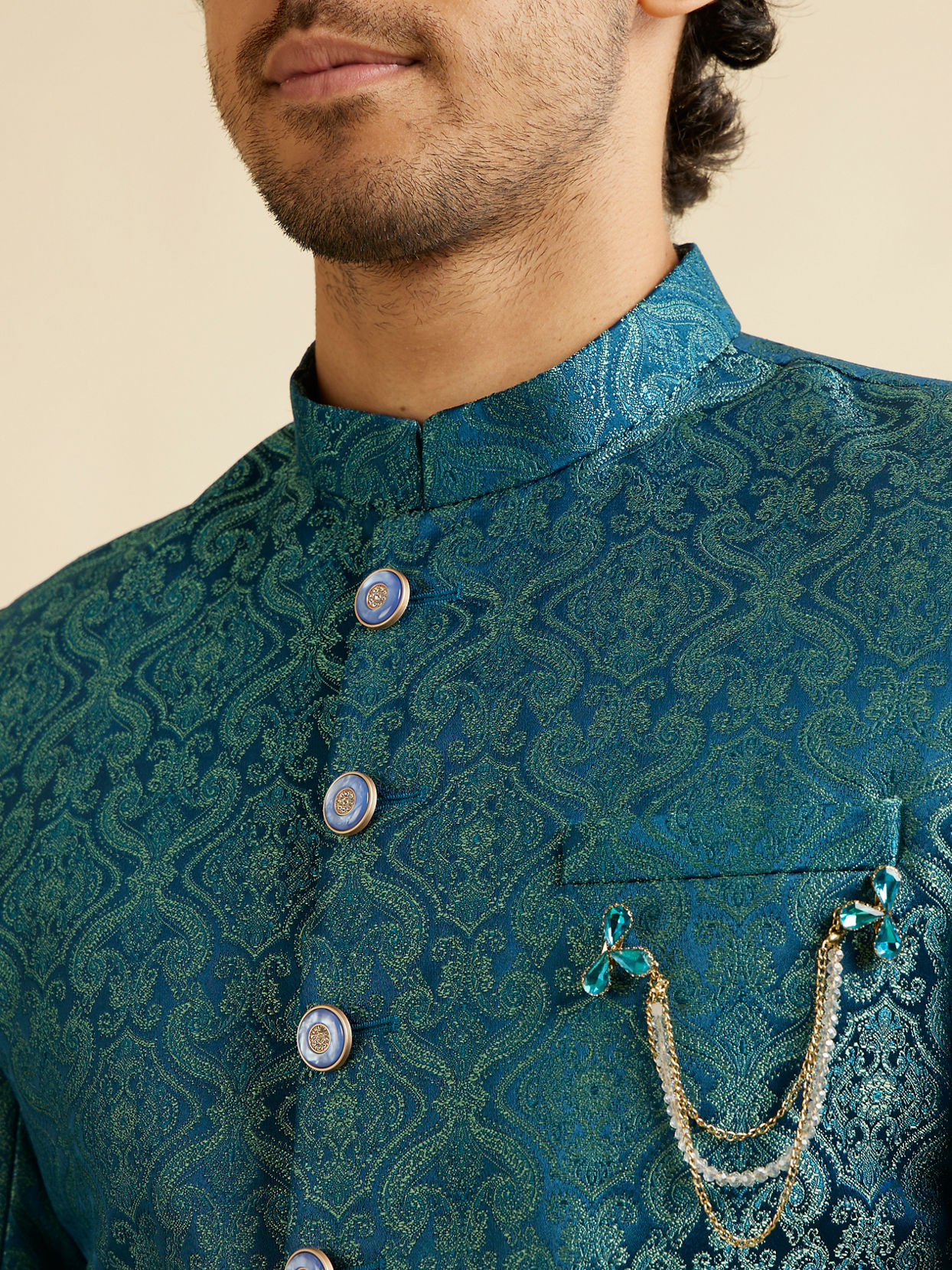 alt message - Manyavar Men Teal Blue Medallion Patterned Sherwani Set image number 1