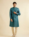 alt message - Manyavar Men Teal Blue Medallion Patterned Sherwani Set image number 2