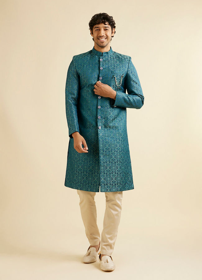 alt message - Manyavar Men Teal Blue Medallion Patterned Sherwani Set image number 2