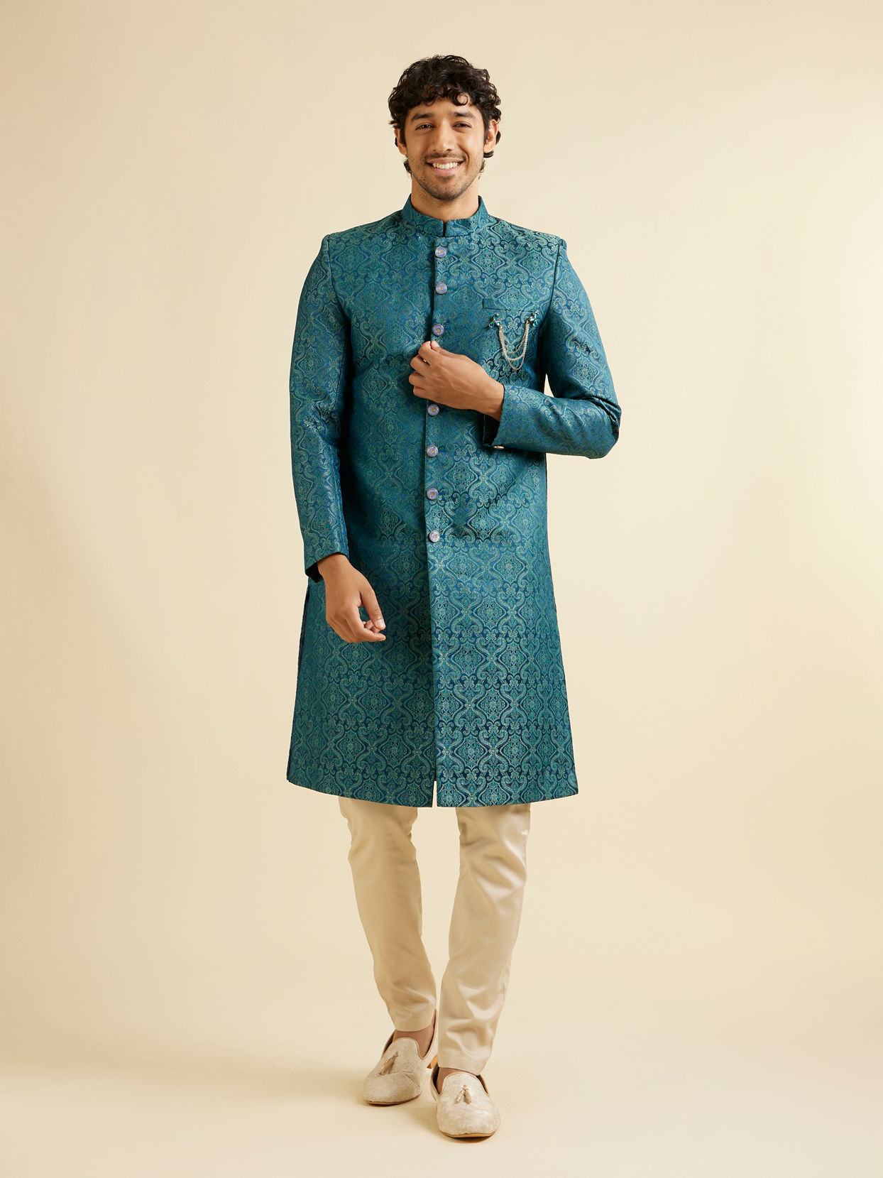 alt message - Manyavar Men Teal Blue Medallion Patterned Sherwani Set image number 2