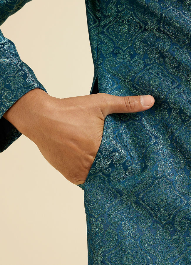 Manyavar Men Teal Blue Medallion Patterned Sherwani Set