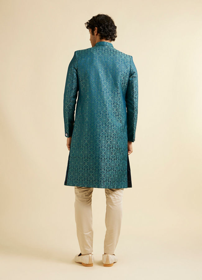 alt message - Manyavar Men Teal Blue Medallion Patterned Sherwani Set image number 6