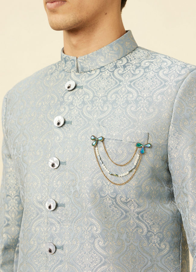 alt message - Manyavar Men Blissful Blue Medallion Patterned Sherwani Set image number 1