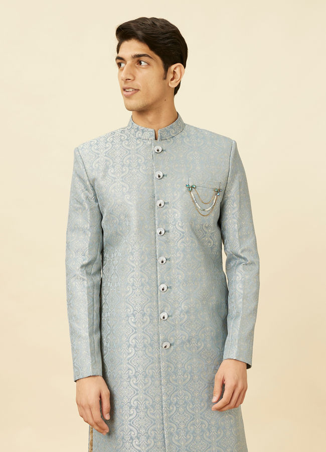 alt message - Manyavar Men Blissful Blue Medallion Patterned Sherwani Set image number 0