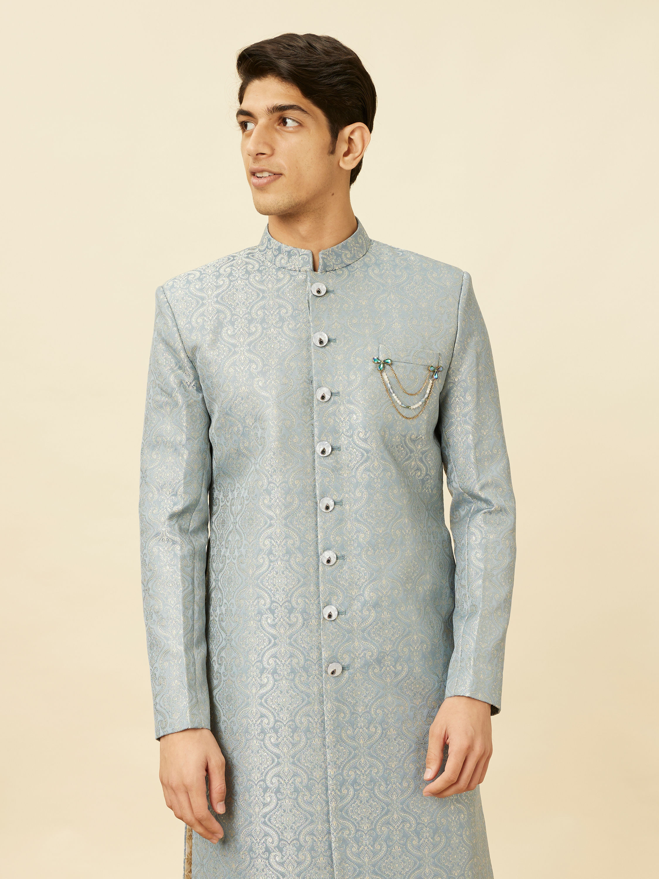 Manyavar Men Blissful Blue Medallion Patterned Sherwani Set