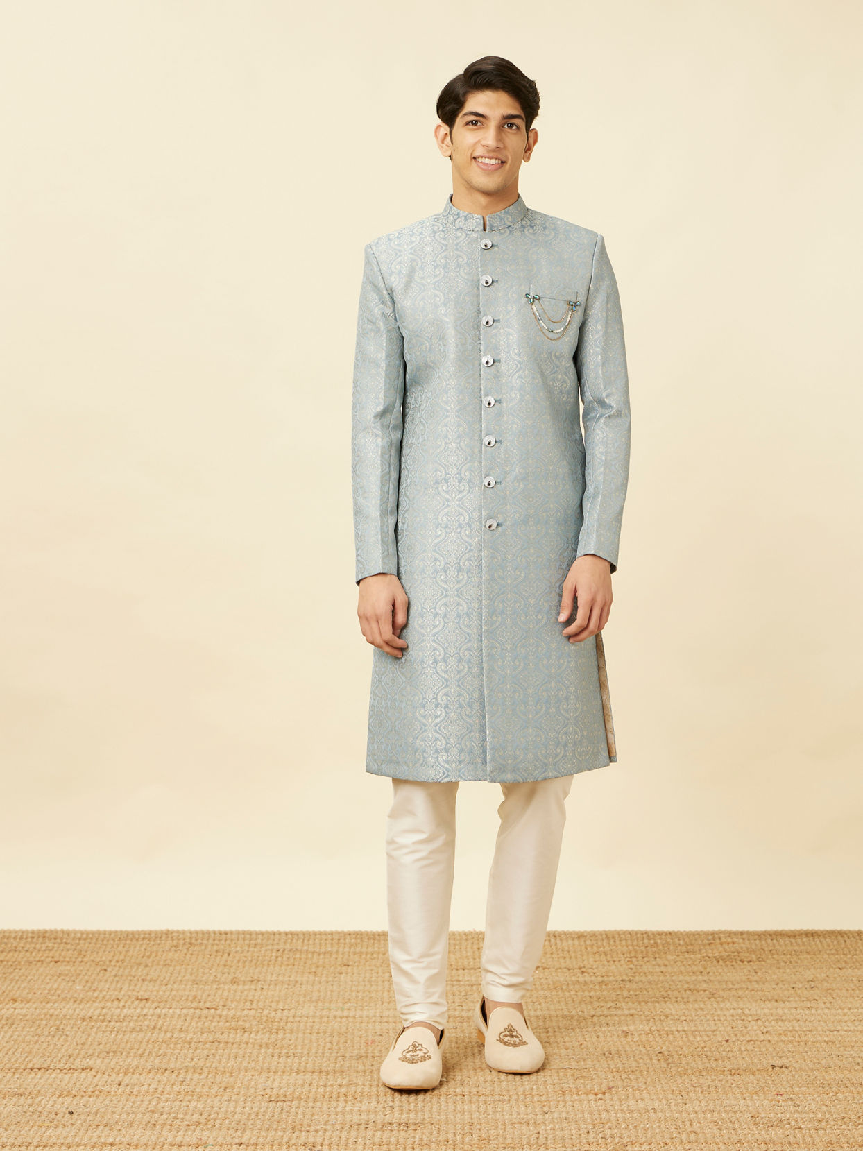 alt message - Manyavar Men Blissful Blue Medallion Patterned Sherwani Set image number 2