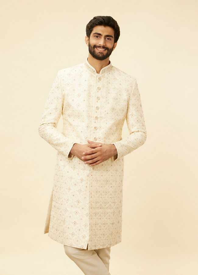 Manyavar Men Cream Hand Embroidered Sherwani